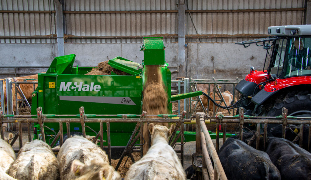McHale C460 jakaa rehua lehmille, konetta hinaa Massey Fergusonin traktori.