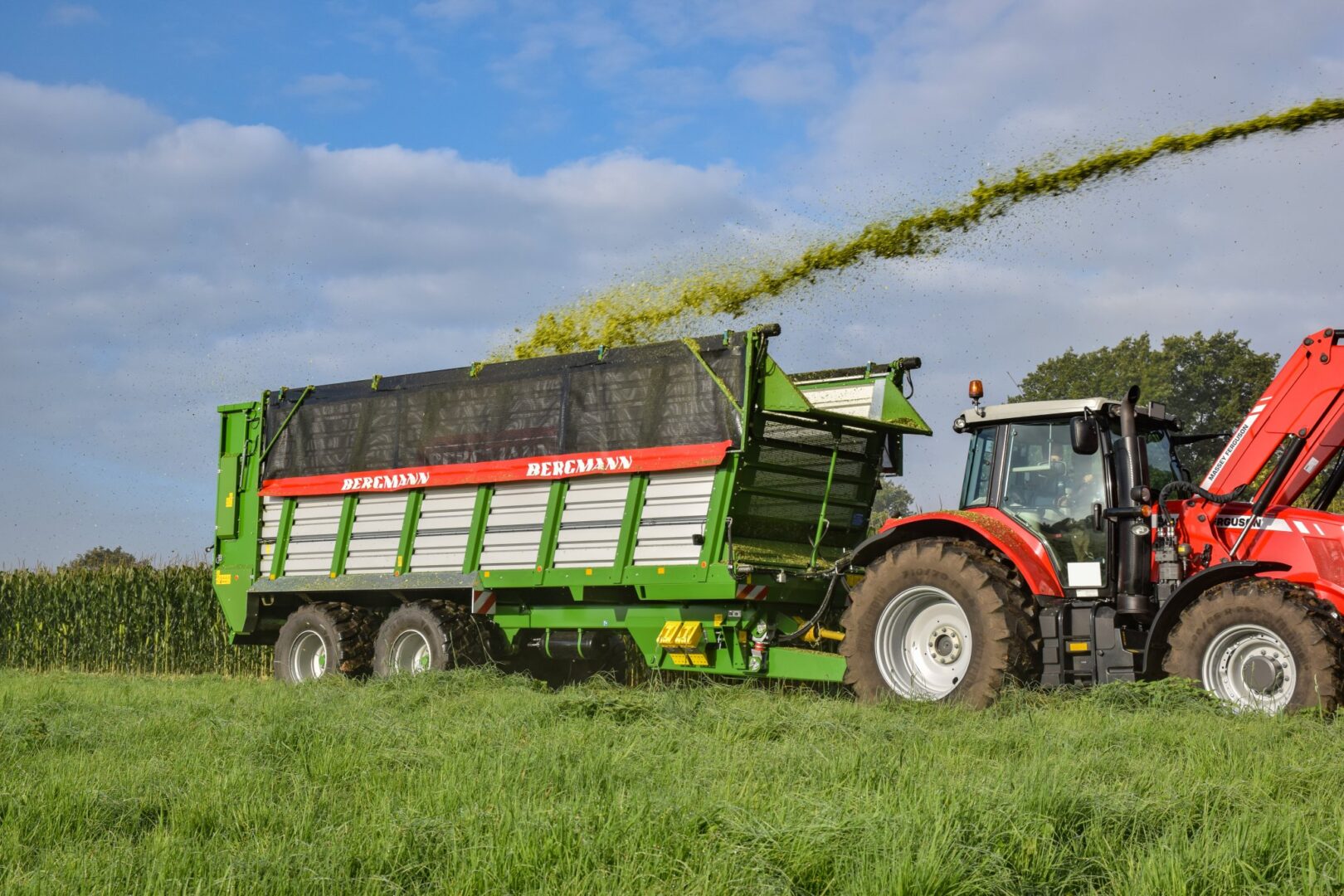 Massey Ferguson -traktori ja Bergmann HTW -rehunkuljetusvaunu ajamassa rehua pellolla.