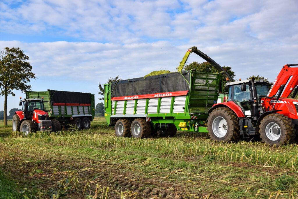 Massey Ferguson -traktori ja Bergmann HTW -rehunkuljetusvaunu ajamassa rehua pellolla.