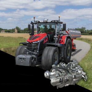 Massey Ferguson 9S -traktori ajamassa tiellä Dyna-VT portaattomalla vaihteistolla.