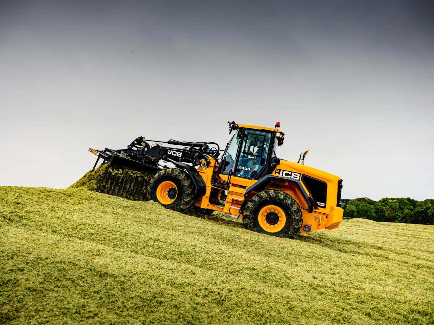 JCB 435S -pyöräkuormaaja aumalla työntämässä rehua.