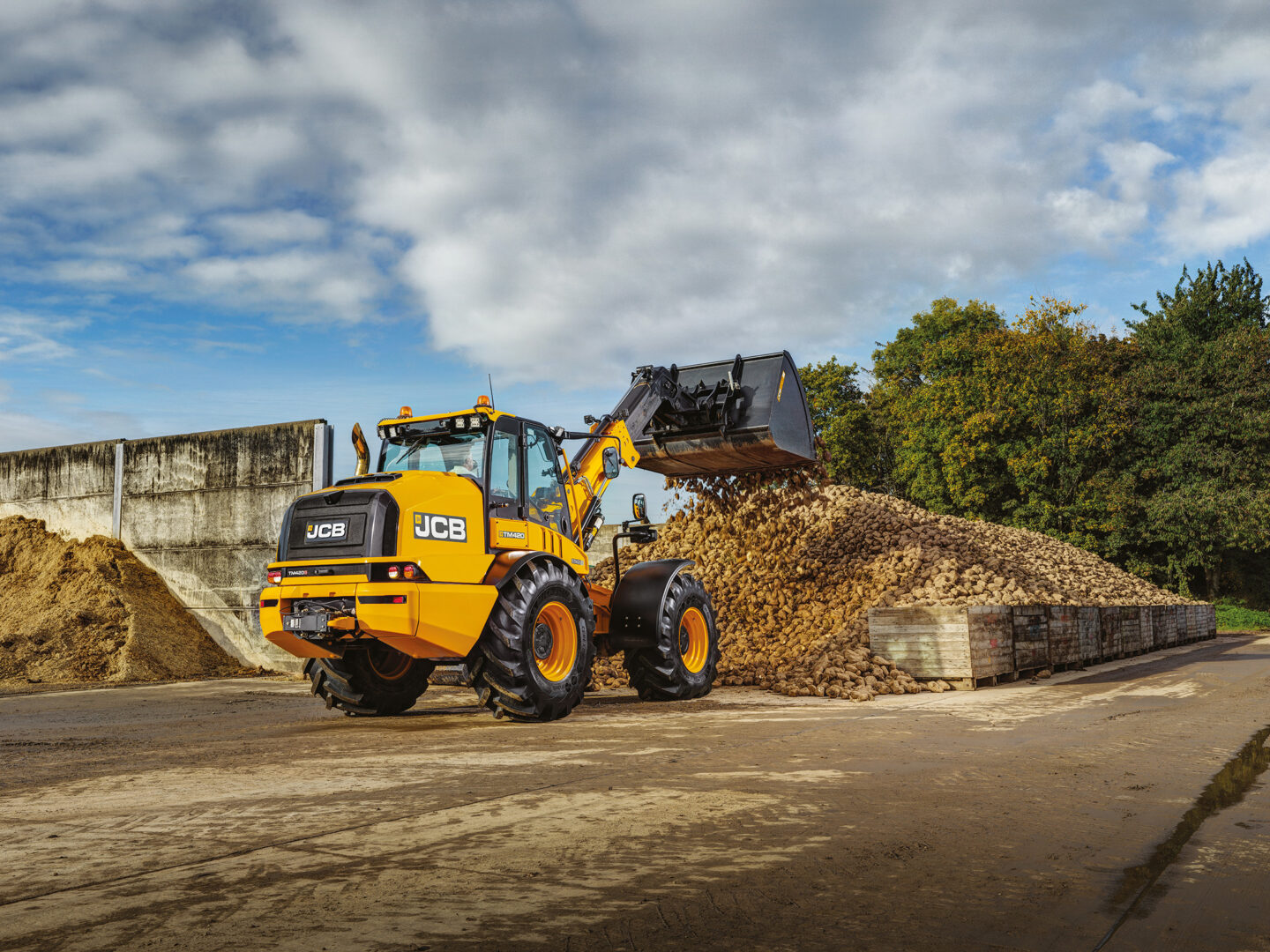 JCB TM420S Agri -kurottava pyöräkuormaaja kippaamassa maatilan maakasaa.