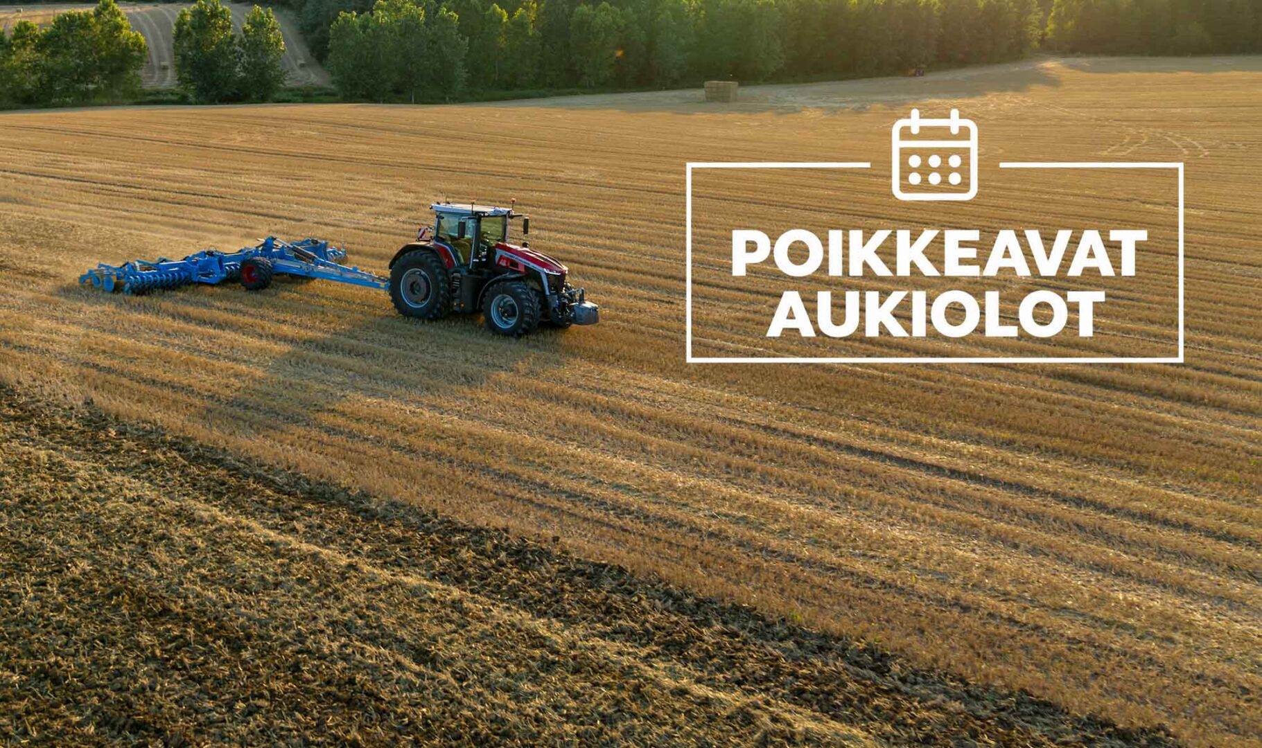MF-traktori ja Lemken-muokkari sänkipellolla auringonlaskussa.